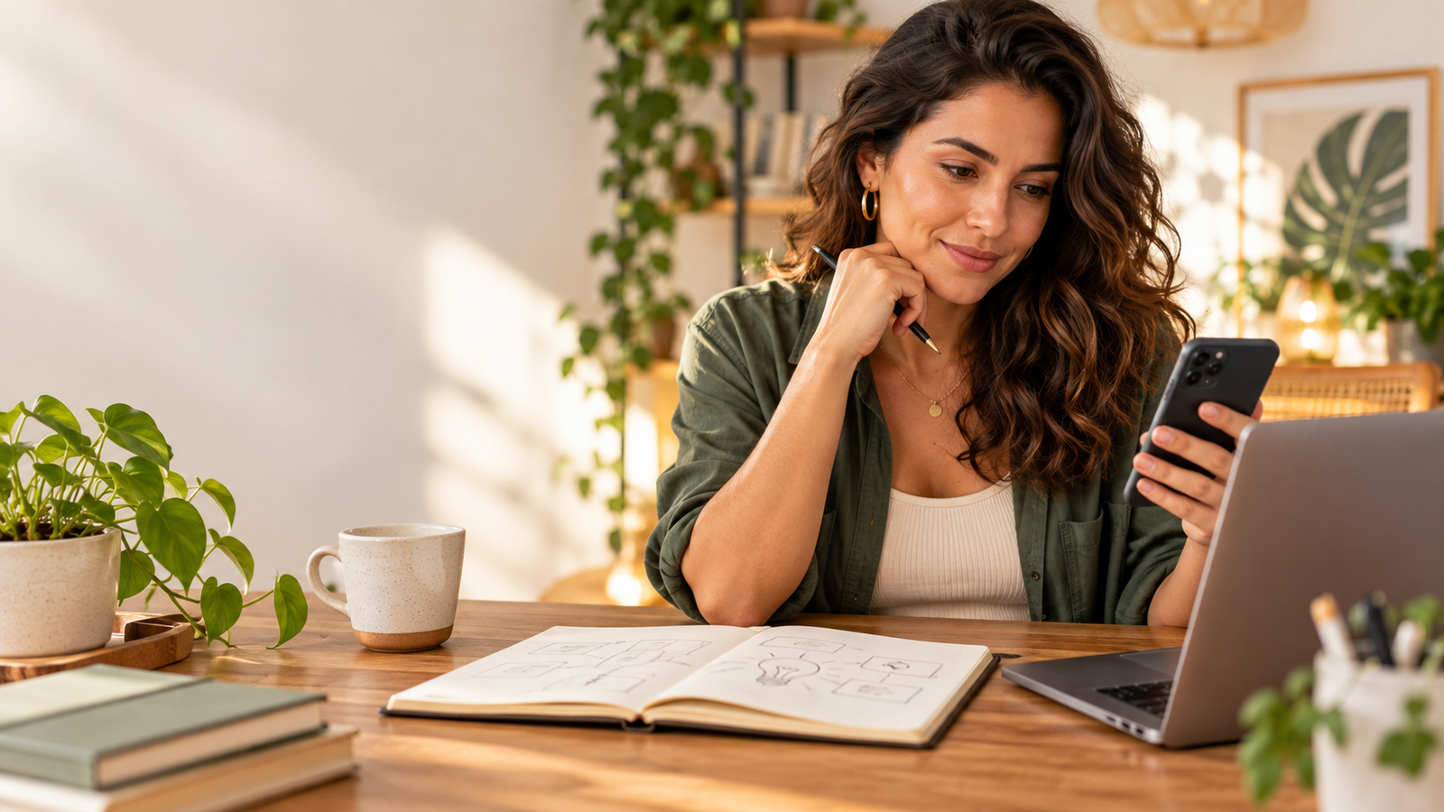 Criadora de conteúdo planejando uma estratégia de marketing com celular e notebook.