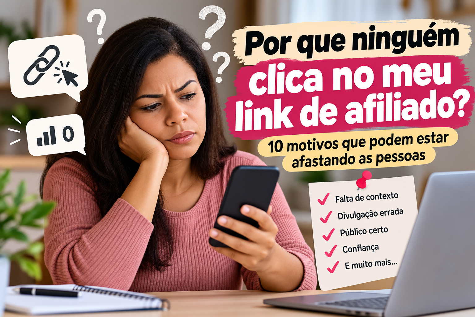 “Pessoa analisando por que ninguém clica no link de afiliado”